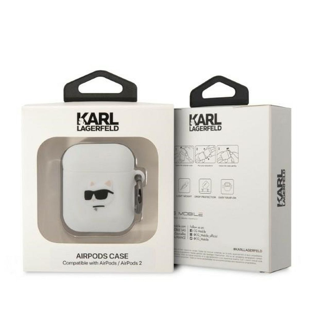 Husa originala Karl Lagerfeld Airpods 1/2 din silicon,  Pisica 3d, Alba - 2 | YEO